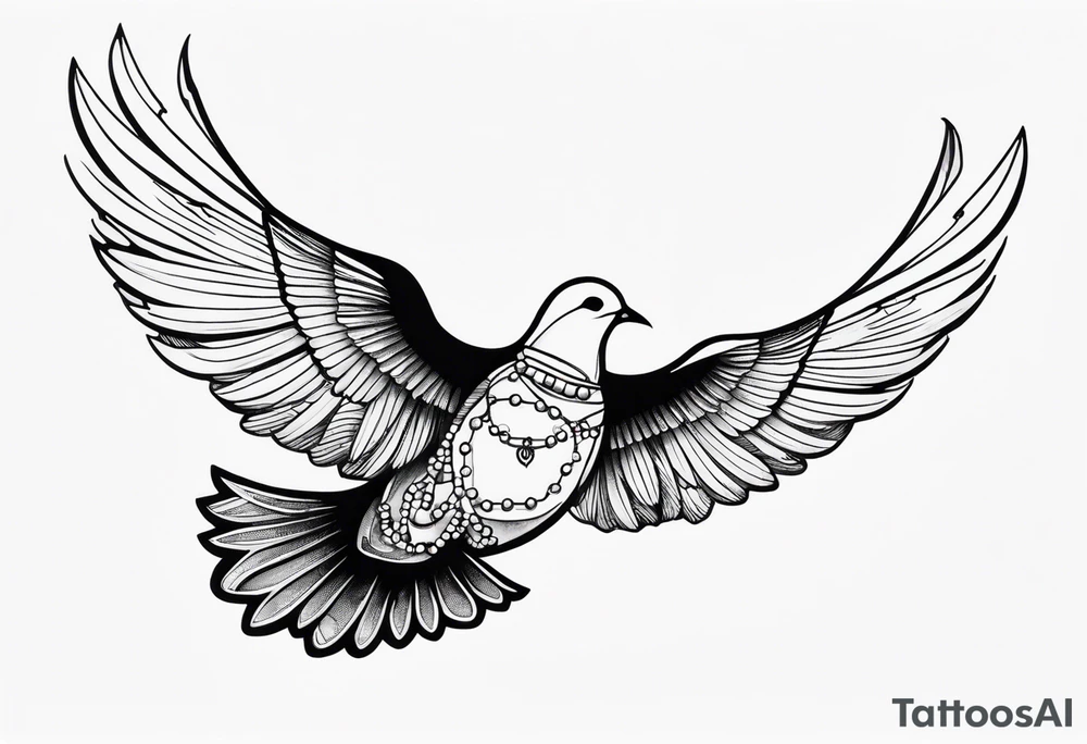A dove in flight carrying rosary beads tattoo idea