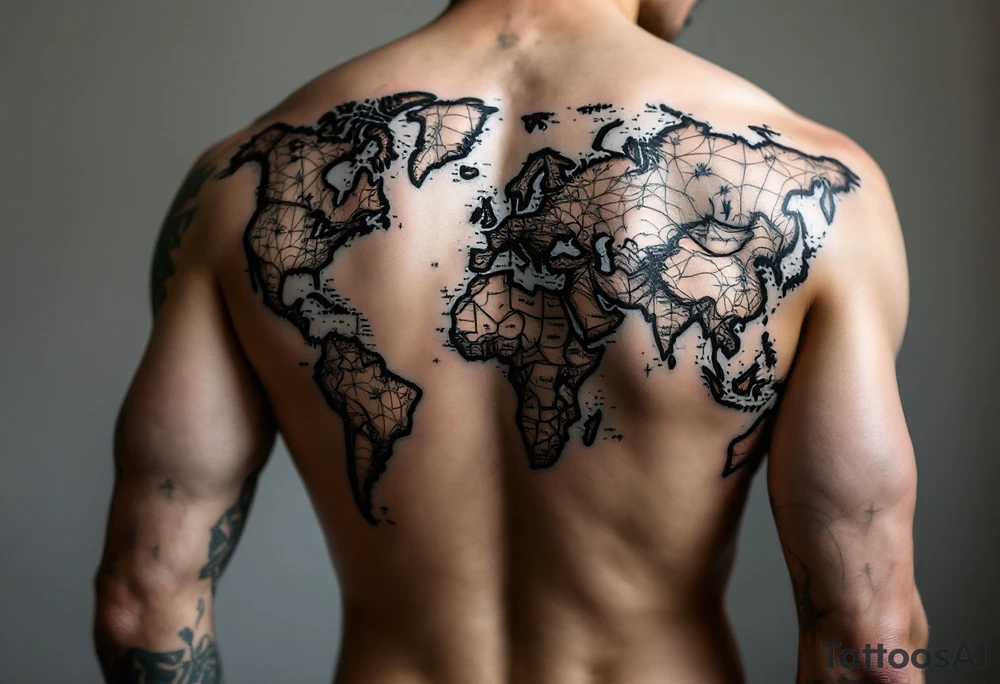 Design a full-back tattoo in a hyper-realistic style, featuring a geographical map as the central background, intricately detailed with continents, oceans, and subtle tattoo idea