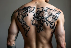 Design a full-back tattoo in a hyper-realistic style, featuring a geographical map as the central background, intricately detailed with continents, oceans, and subtle tattoo idea