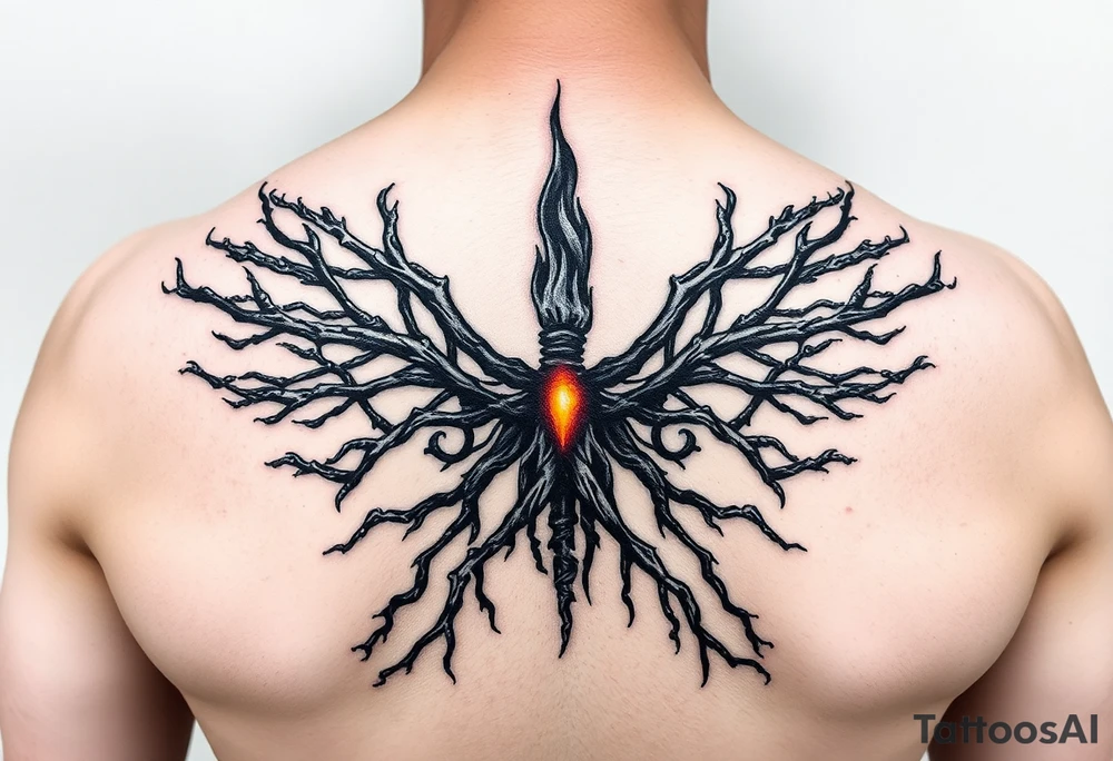 1. “Burnt Offerings”
Theme: Healing through destruction.
Visual: Charred tree roots climbing up your spine, turning into flames halfway, then slowly transforming into skeletal wings—unfinished, like you stopped mid-rebirth. The middle of the spine glows dimly, like coals never fully put out.
Vibe: You survived, but not clean. You carry the burn.
Make it feminine tattoo idea