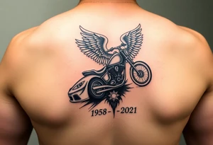 Dale Earnhardt car on it with the year 1958 - 2021 intertwined with a motorcycle on it with guardian angel wolves tattoo idea
