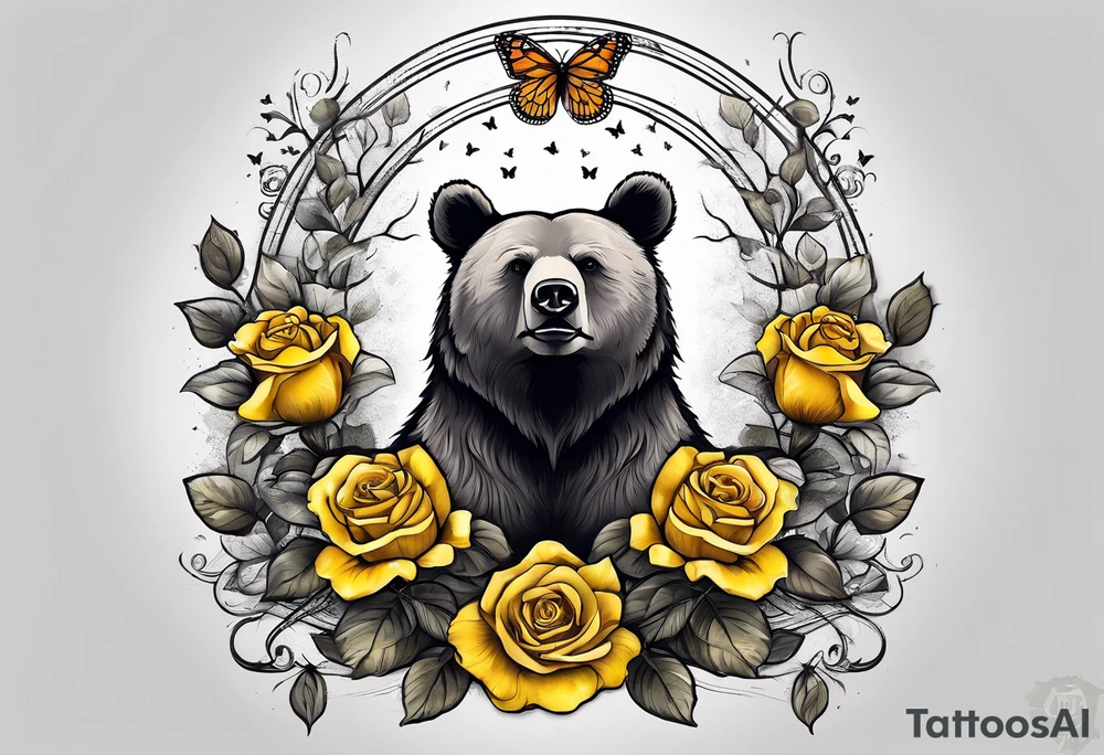 A bear sitting under the tree of life with three yellow roses, and three butterflies tattoo idea