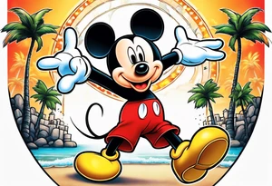 mickey mouse holding lightning with palm trees doing martial arts at the disney castle tattoo idea