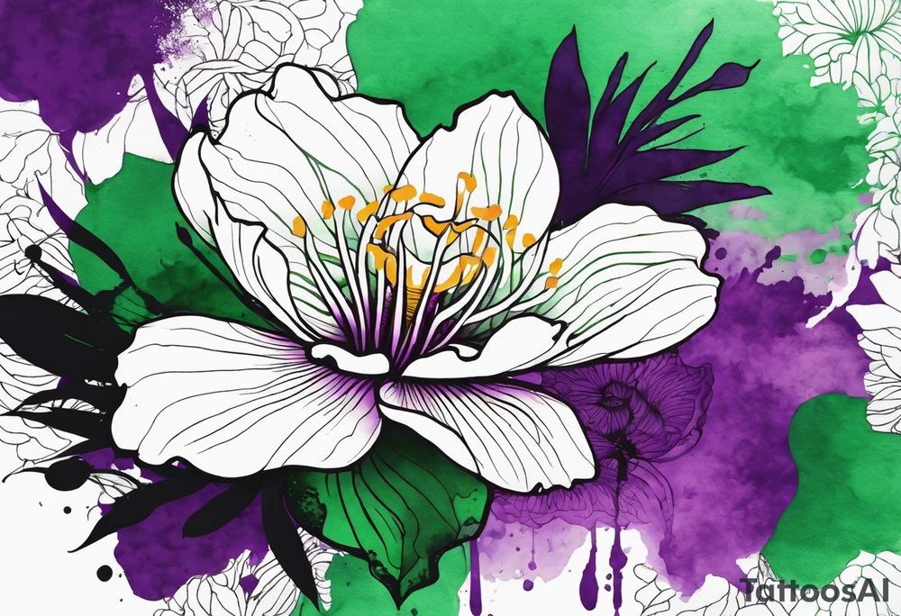 A mystical outline of a rio dipladenia flower and a green/purple watercolor splash in the background tattoo idea