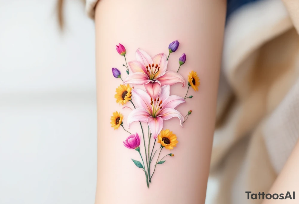 stargazer lillies in light pink with small yellow sunflowers and poppies and purple tulip buds in a dainty wildflower bouquet with stems tattoo idea