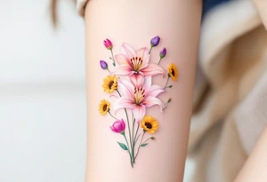 stargazer lillies in light pink with small yellow sunflowers and poppies and purple tulip buds in a dainty wildflower bouquet with stems tattoo idea