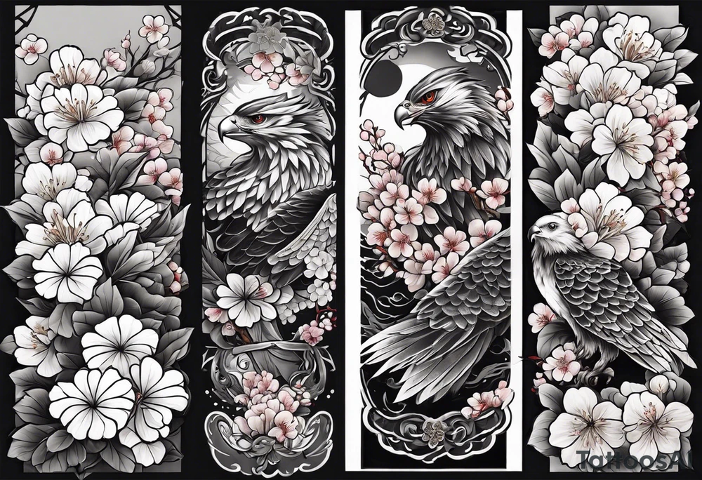 traditional horimono tattoo. 
leg sleeve with the following elements: hawk and cherry blossoms tattoo idea