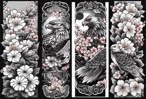 traditional horimono tattoo. 
leg sleeve with the following elements: hawk and cherry blossoms tattoo idea