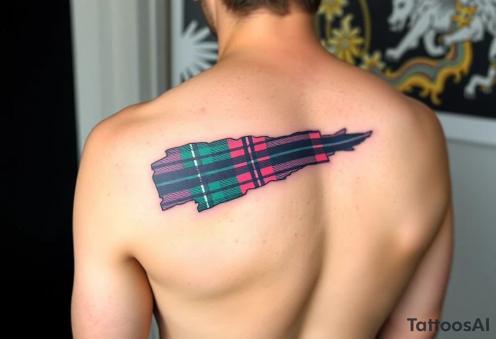 arm Dark Purple with green pink blue and white highlights tartan fabric with flesh peeling away at edges tattoo idea