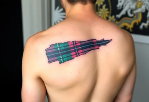arm Dark Purple with green pink blue and white highlights tartan fabric with flesh peeling away at edges tattoo idea
