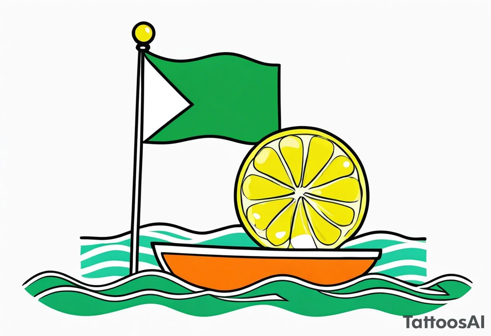 A lemon-Buoy with a green leaf-flag on waves tattoo idea
