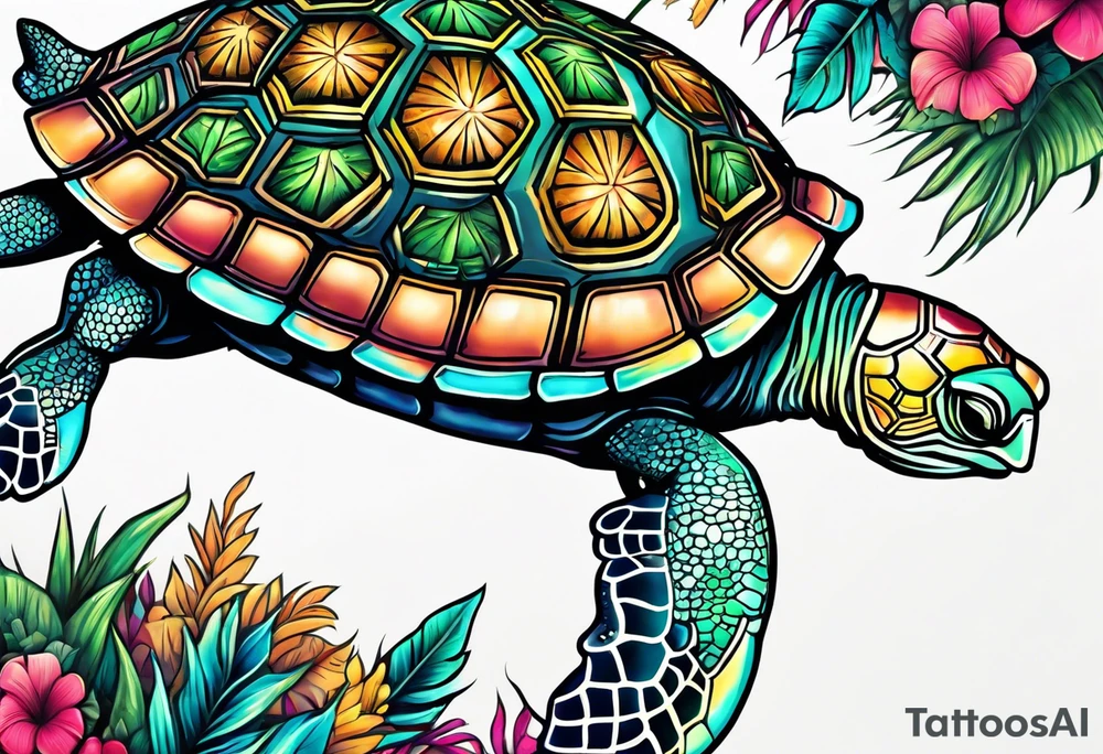 tropical psychedelic turtle's back, top down view, as seen from above tattoo idea
