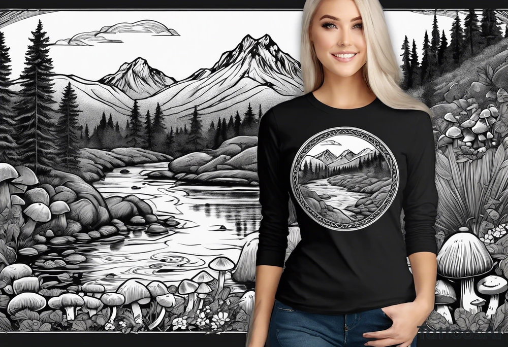 Whole picture encircled fully

Straight long blonde hair hippie girl in distance holding mushrooms in hand facing away toward mountains and creek surrounded by mushrooms long sleeve shirt and hiking pants; whole rendering within a full celtic circle, no cut off circle tattoo idea