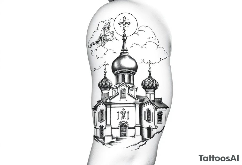 Russian Orthodox church with orthodox spire crosses, with clouds above it and a virgin mary seperately over looking sat above tattoo idea