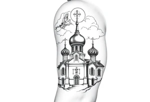 Russian Orthodox church with orthodox spire crosses, with clouds above it and a virgin mary seperately over looking sat above tattoo idea