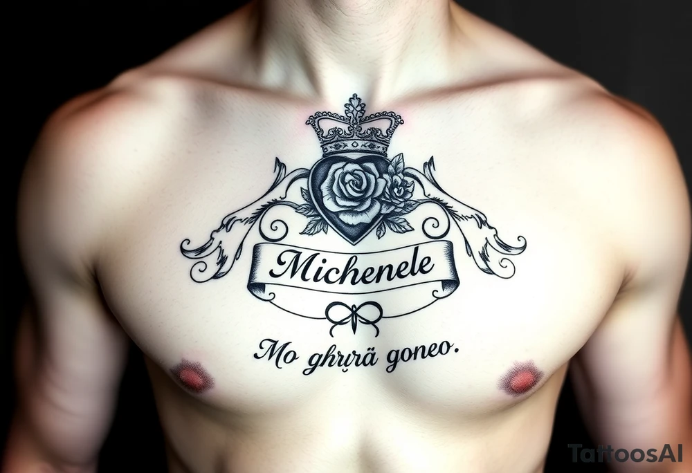 Claddagh placed on a man’s chest. Name Michelle placed between the heart and the crown. Irish rose and Celtic knot incorporated into the design. Mo ghrá go deo written at the very bottom. tattoo idea