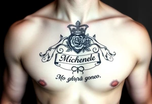 Claddagh placed on a man’s chest. Name Michelle placed between the heart and the crown. Irish rose and Celtic knot incorporated into the design. Mo ghrá go deo written at the very bottom. tattoo idea