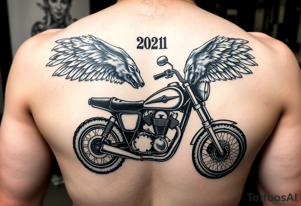 the year 1958 - 2021 with a motorcycle on it with guardian angel wolves tattoo idea