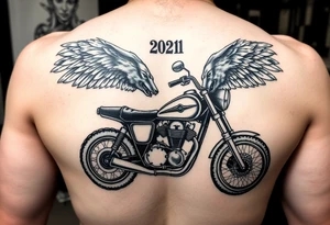 the year 1958 - 2021 with a motorcycle on it with guardian angel wolves tattoo idea
