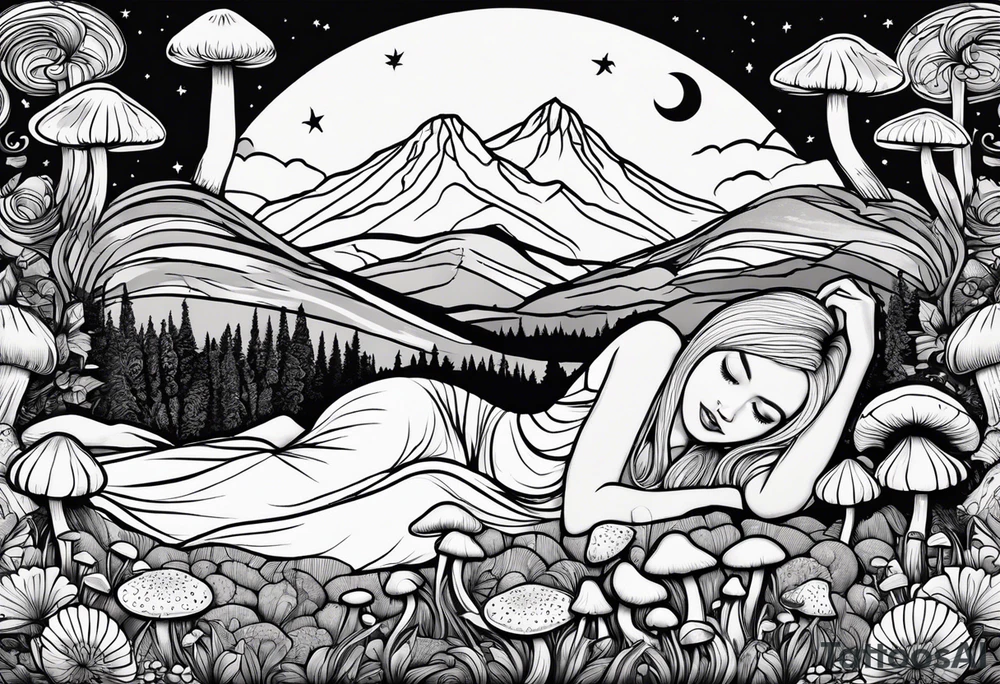 Straight blonde hair girl in black and white striped dress sleeping backward facing
in a field of mushrooms with mountains s
and crescent moon mandala background tattoo idea