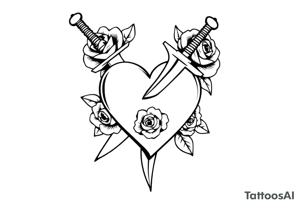 dagger piercing a heart with roses tattoo idea