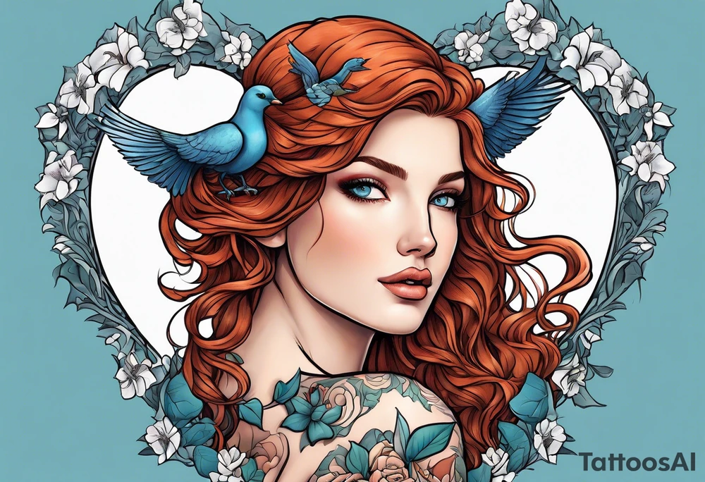 Aphrodite with auburn hair and ocean-blue eyes surrounded with doves and poison ivy sitting on a heart tattoo idea