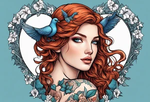 Aphrodite with auburn hair and ocean-blue eyes surrounded with doves and poison ivy sitting on a heart tattoo idea