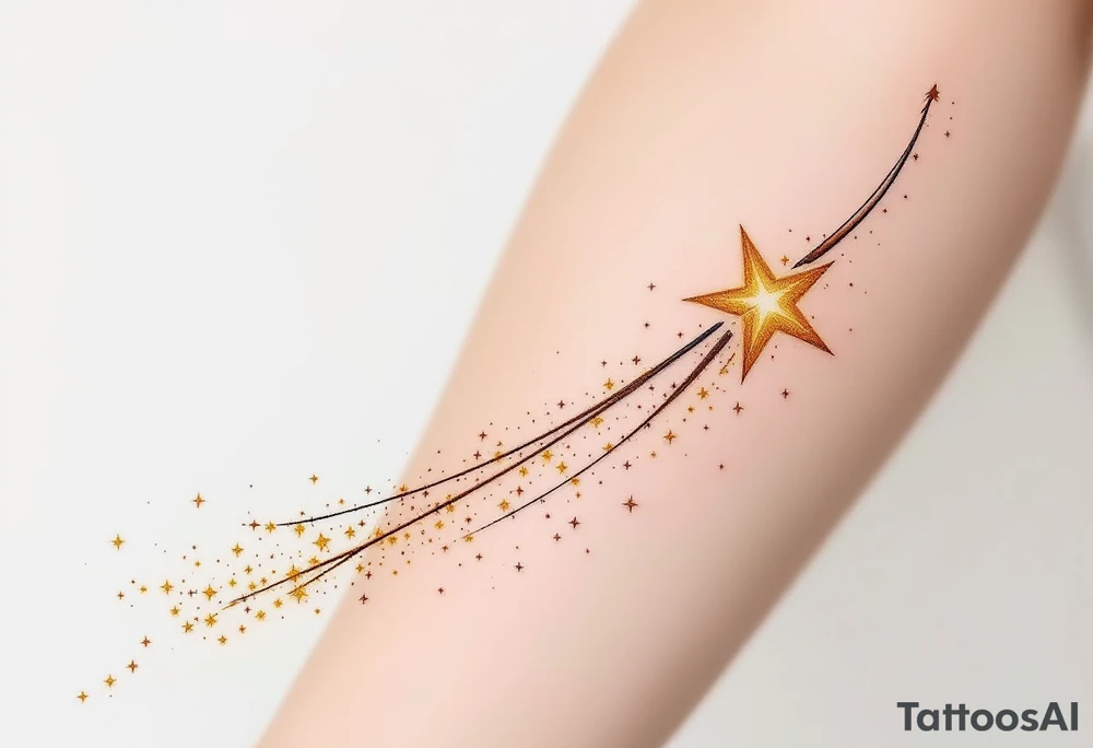 A shooting star with a long, flowing trail of golden past an archer's bow. The bow itself is earthy brown with a touch of copper highlights, while the star’s trail is dotted with bright yellow and white sparks, symbolizing Sagittarius' pursuit of dreams and ambitions. tattoo idea