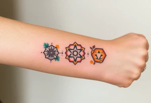 Good karma symbols inside honey combs tattoo idea