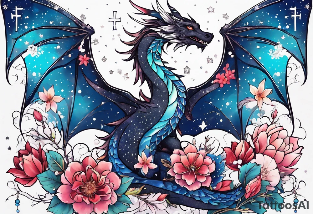 Constellation, wing , snow , cross , dragon female japan kawaii , flower tattoo idea