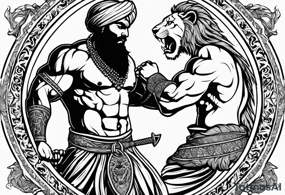 Sikh warrior fighting a lion with full anger tattoo idea