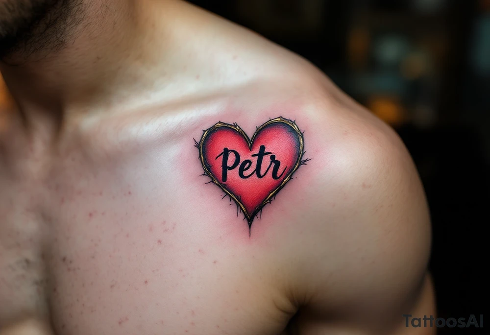 A bold red heart tattoo with the name "Petr" inside, shaded with black and outlined in gold, symbolizing passionate love. tattoo idea