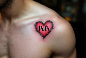 A bold red heart tattoo with the name "Petr" inside, shaded with black and outlined in gold, symbolizing passionate love. tattoo idea