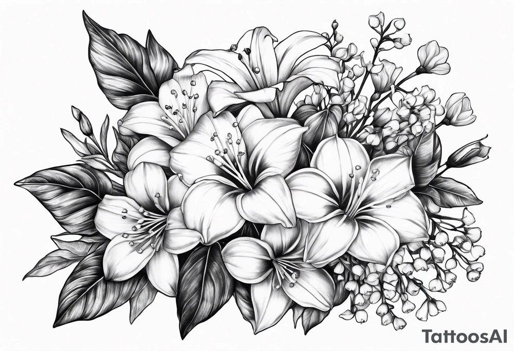 Aster, morning glory and lily of the valley flowers tattoo idea