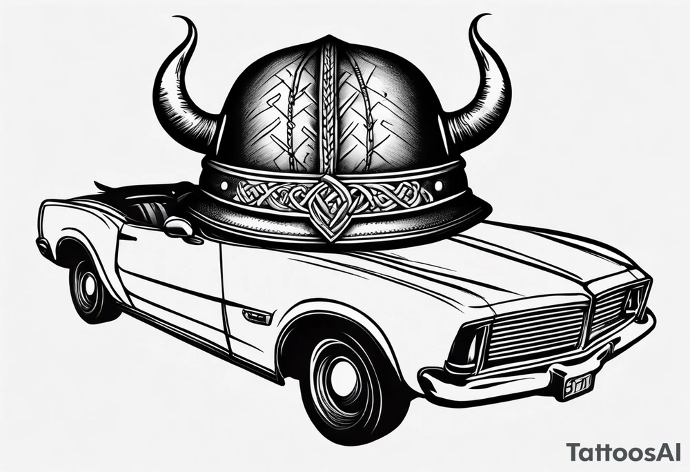 Viking hat on hood of car tattoo idea