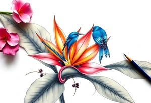 Bird of paradise flower with blue bird tattoo idea
