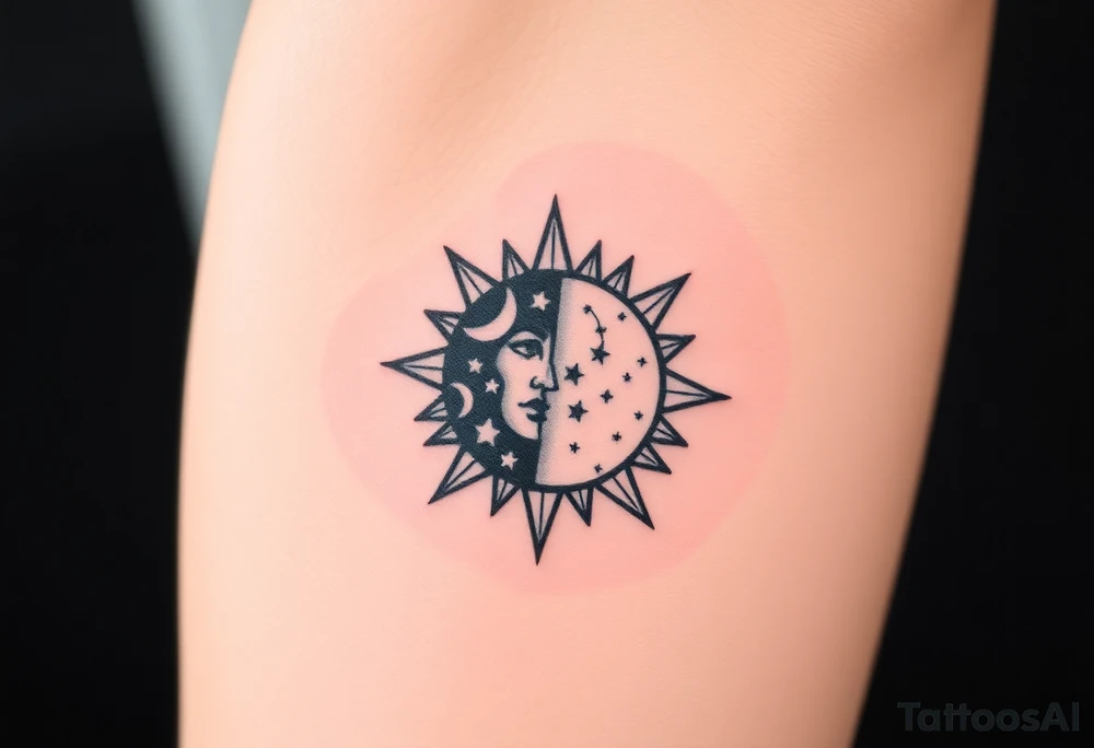celestial sun and moon embrace with constellation patterns tattoo idea