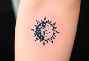 celestial sun and moon embrace with constellation patterns tattoo idea