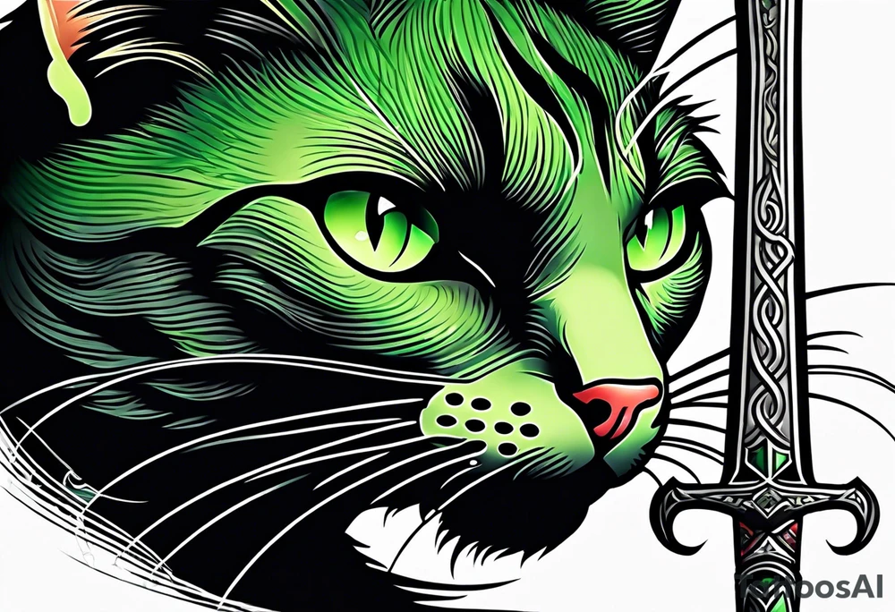 Black cat with green eyes hissing with its tail wrapped around a sword tattoo idea