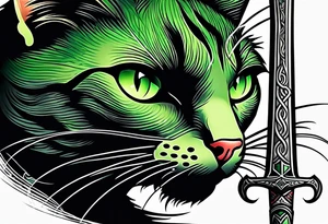 Black cat with green eyes hissing with its tail wrapped around a sword tattoo idea