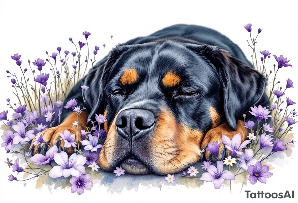 Rottweiler in Flowers – A full-body Rottweiler lying peacefully in a field of purple wildflower tattoo idea
