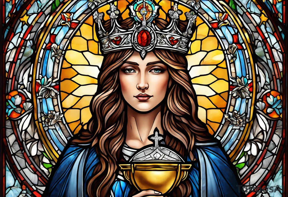 holy saint woman with halo stained glass holding a chalice with artillery tattoo idea