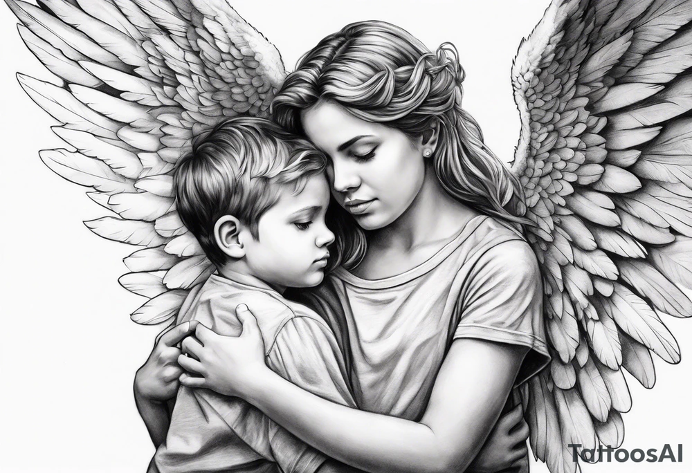 An Angel covering a boy with her wings for shelter tattoo idea