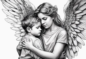 An Angel covering a boy with her wings for shelter tattoo idea