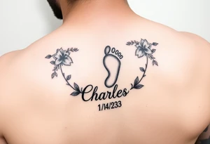Baby footprint surrounded by the name Charles and the date 1/14/23 and floral vines on a forearm tattoo idea