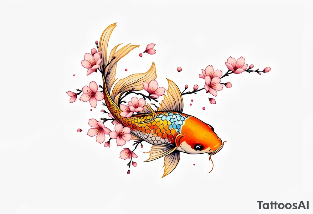Golden Koi with Cherry Blossoms – A radiant gold koi fish gliding among soft pink cherry blossoms, representing good fortune and beauty in life. tattoo idea