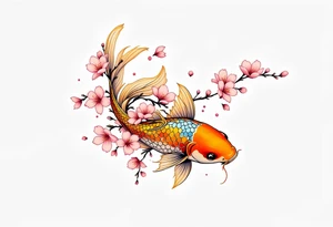Golden Koi with Cherry Blossoms – A radiant gold koi fish gliding among soft pink cherry blossoms, representing good fortune and beauty in life. tattoo idea