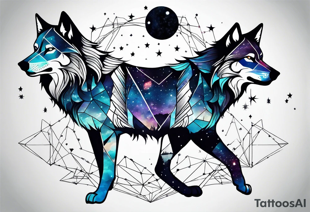 Constellation, two animal wolf, géométric tattoo idea