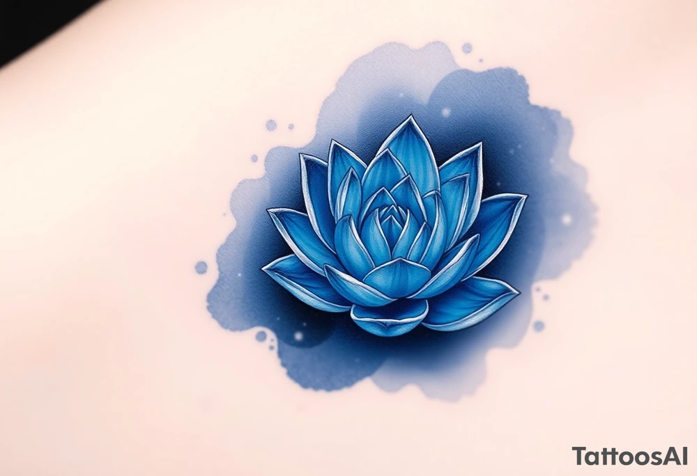 A deep blue water lily, with soft silver outlines and subtle star-like sparkles, floating gently on dark water, symbolizing dreams and the mystical journey of love tattoo idea