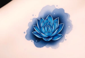 A deep blue water lily, with soft silver outlines and subtle star-like sparkles, floating gently on dark water, symbolizing dreams and the mystical journey of love tattoo idea